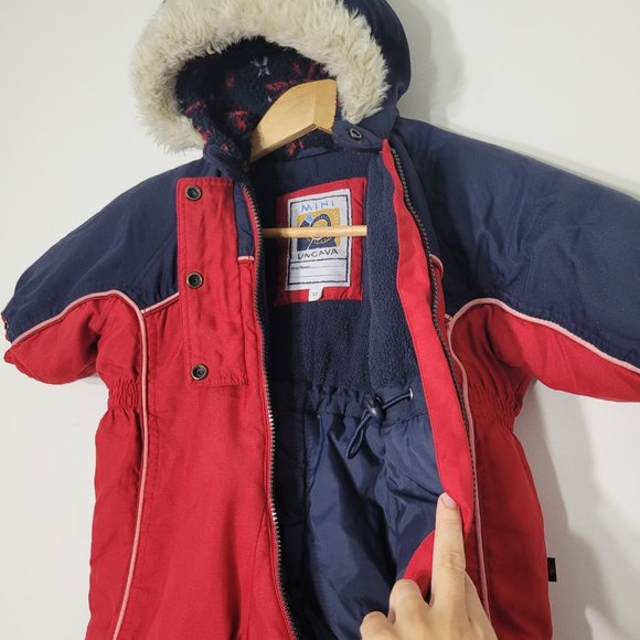 Mini Ungava Baby Toddler Hooded Snow Suit Red Blue Zippered Faux Fur Trim 12Mon - Picture 10 of 14